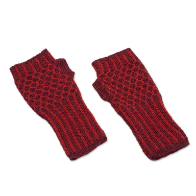 Alpaca blend fingerless mitts, 'Holly Berry' - Collectible Alpaca Wool Patterned Fingerless Gloves