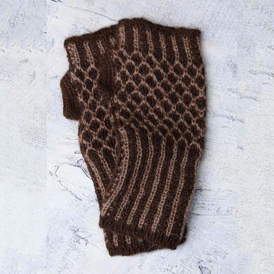 Alpaca blend fingerless mitts, 'Cinnamon Honeycomb' - Alpaca blend fingerless mitts