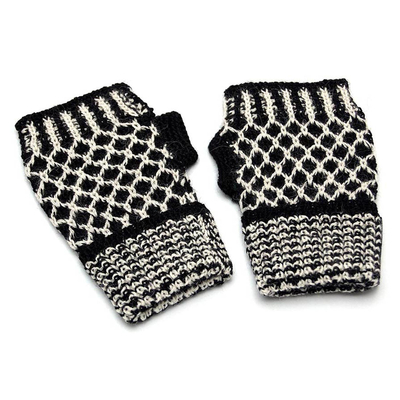 Alpaca blend fingerless mitts, 'Tuxedo Honeycomb' - Handcrafted Alpaca Wool Blend Patterned Gloves