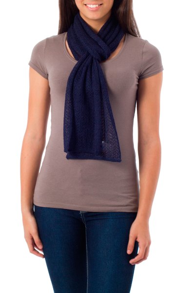 Alpaca blend scarf, 'Royal Blue' - Baby Alpaca Knit Scarf from Peru