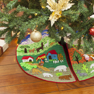 Applique Christmas tree skirt, 'Andean Christmas' - Fair Trade Christmas Cotton Applique Tree Skirt
