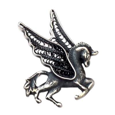 Silver filigree brooch pin, 'Pegasus Shadow' - Artisan Crafted Sterling Silver Filigree Brooch Pin