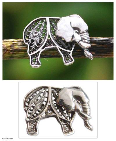 Silver filigree brooch pin, 'Young Elephant' - Silver filigree brooch pin