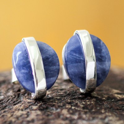 Sodalite button earrings, 'Innovate' - Modern Sterling Silver Sodalite Button Earrings from Peru