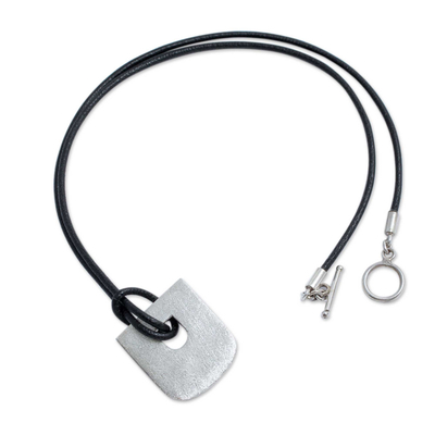 Sterling silver and leather pendant necklace, 'Our Promise' - Modern Peru Art Silver Artisan Leather Necklace