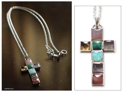 Opal and amethyst cross necklace, 'For All People' - Fine Silver and Opal Multigem Pendant Cross Necklace