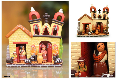Ceramic nativity scene, 'Peru Village Church' - Ceramic nativity scene