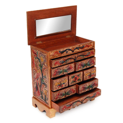 Wood and leather jewelry box, 'Happy Hummingbird' - Hand Made Colonial Leather and Wood Jewelry Box
