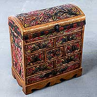 Caja de joyería de madera y cuero, 'Bright Hummingbird' - Caja de joyería única de cuero y pájaro de madera