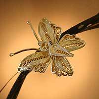 Gold vermeil filigree brooch pin, 'Wings' - Handmade Vermeil Gold Plated Filigree Butterfly Brooch Pin