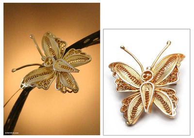 Gold vermeil filigree brooch pin, 'Wings' - Handmade Vermeil Gold Plated Filigree Butterfly Brooch Pin