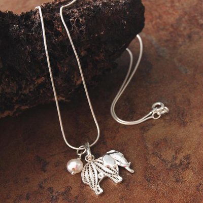 Pearl filigree necklace, 'Mighty Elephant' - Handmade Silver and Pearl Elephant Filigree Pendant Necklace