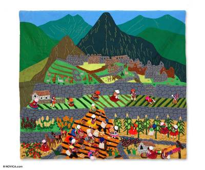 Cotton wall hanging, 'Machu Picchu Farmers' - Folk Art Cotton Wall Hanging