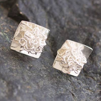 Silver button earrings, 'Flirt' - Modern Artisan Crafted Sterling Silver Button Earrings