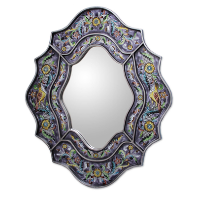 Reverse painted glass mirror, 'Spring Violets' - Wild Violets Reverse Painted Glass Wall Mirror