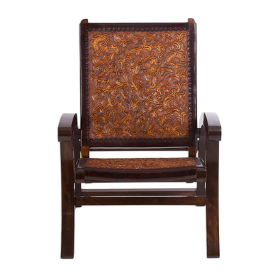 Wood and leather chair, 'Colonial Coffee' - Collectible Colonial Wood Leather Chair from Peru