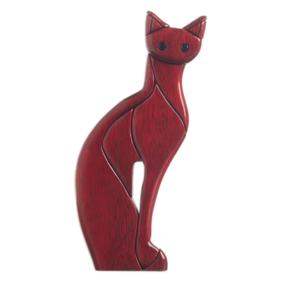 Wood sculpture, 'Cat Pose' - Ishpingo Wood Carved Cat Sculpture