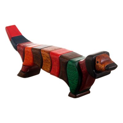 Ishpingo wood statuette, 'Multicolored Dachshund' (medium) - Unique Wood Dog Sculpture (Medium)