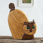 Hand Made Ishpingo Wood Statuette, 'Whimsical Cat'