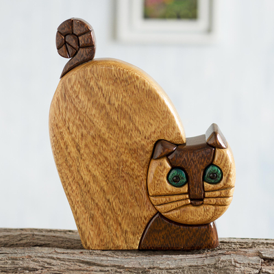 Ishpingo wood statuette, 'Whimsical Cat' - Hand Made Ishpingo Wood Statuette