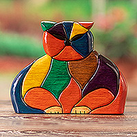Ishpingo wood sculpture, 'Patchwork Cat'