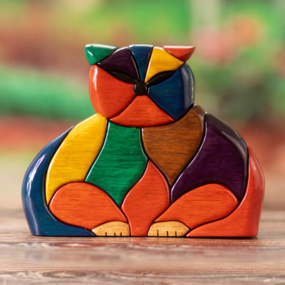 Ishpingo wood sculpture, 'Patchwork Cat' - Finely Crafted Wood Cat Sculpture