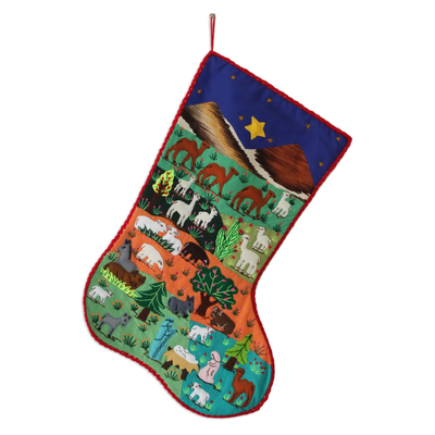 Applique Christmas stocking, 'Nativity Scene' - Applique Christmas stocking