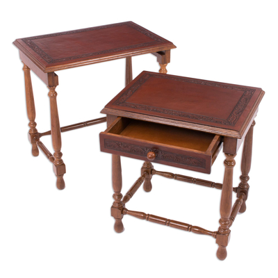 Wood and leather tables, 'Classic Duo' (pair) - Traditional Wood Nested Tables (Pair)