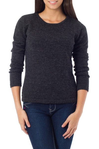 100% alpaca sweater, 'Onyx Charm' - Handcrafted Alpaca Wool Solid Pullover Sweater