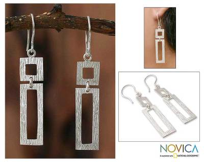 Sterling silver dangle earrings, 'Natural Geometry' - Hand Crafted Modern Fine Silver Dangle Earrings from Peru