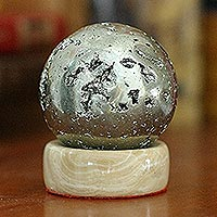 Pyrite sphere, 'Magic' - Pyrite Gemstone Sculpture and Calcite Base