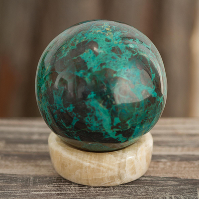 Chrysocolla sphere, 'Serenity' - Crafted Chrysocolla Geometric Sculpture with Calcite Base
