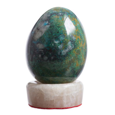 Hand Crafted Chrysocolla Egg Sculpture and Calcite Base