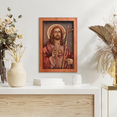 Cedar relief panel, 'Jesus Sacred Heart' - Hand Made Christianity Wood Relief Panel