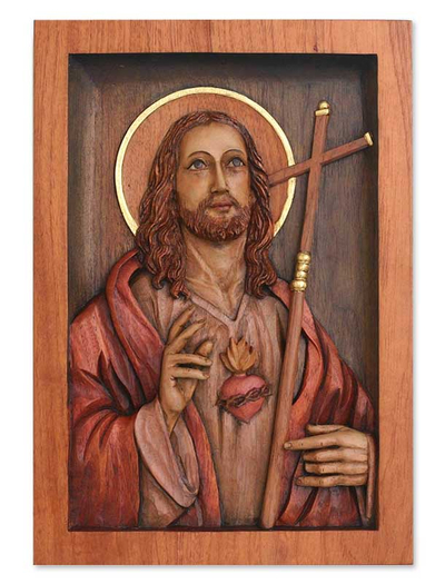 Cedar relief panel, 'Jesus Sacred Heart' - Hand Made Christianity Wood Relief Panel