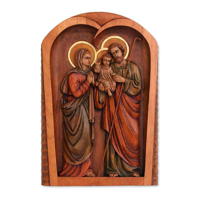 Cedar relief panel, 'Holy Family Together' - Cedar relief panel