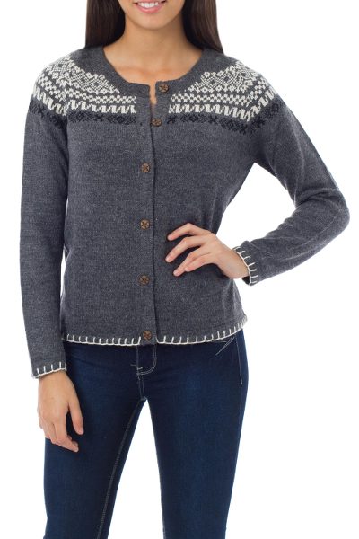 Alpaca blend sweater, 'Junin Elegance' - Peruvian Alpaca Wool Cardigan Sweater