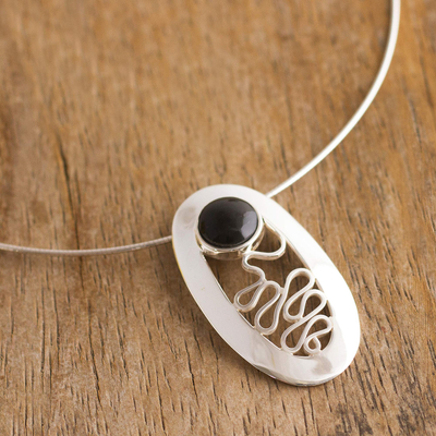 Obsidian pendant necklace, 'Magic Path' - Handcrafted Sterling Silver and Obsidian Necklace
