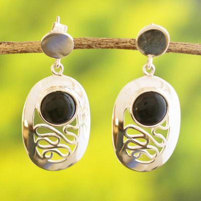 Obsidian dangle earrings, 'Magic Path' - Peruvian Sterling Silver Dangle Obsidian Earrings