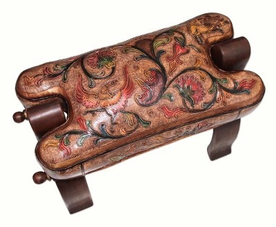 Wood and leather stool, 'Golden Paradise' - Unique Wood Leather Ottoman Horse Seat Stool