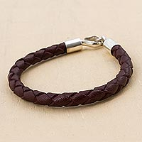 Leather with Fine Silver Braided Men's Bracelet,'Earth Elements'