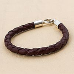 Leather with Fine Silver Braided Men's Bracelet, 'Earth Elements'