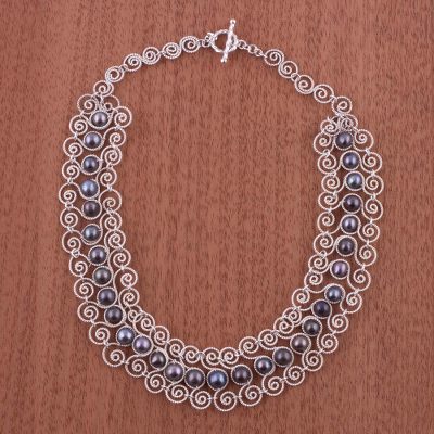 Pearl choker, 'Princess Lace' - Unique Fine Silver Pearl Statement Necklace