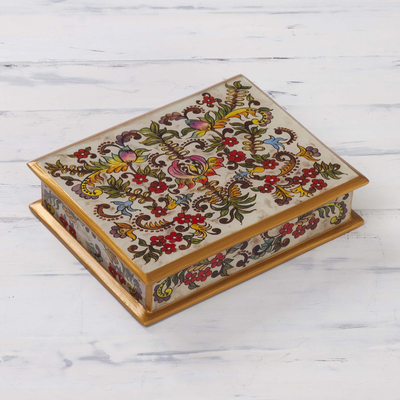 Painted glass box, 'Floral Dream' - Reverse Painted Glass Jewelry Box