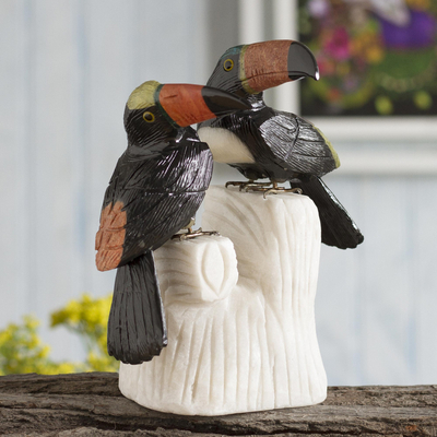 Escultura de ónix y jaspe - Escultura de pájaros de piedras preciosas hecha a mano.