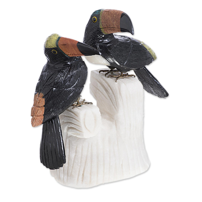 Onyx and jasper sculpture, 'Toucan Two' - Handcrafted Gemstone Birds Sculpture