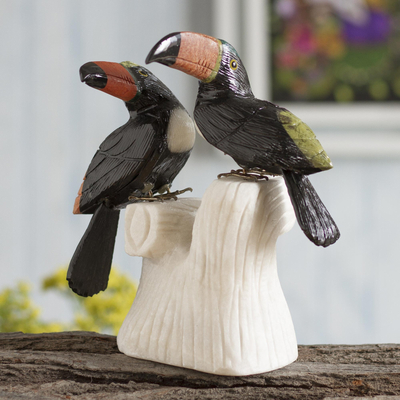 Onyx and jasper sculpture, 'Toucan Two' - Handcrafted Gemstone Birds Sculpture