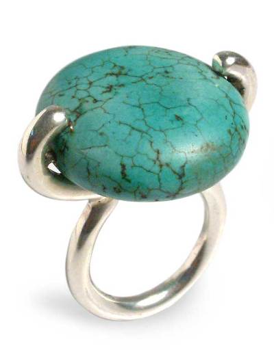 Sterling silver solitaire ring, 'Quietude' - Hand Crafted Reconstituted Turquoise and Silver Ring