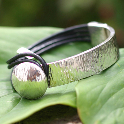 Leather accent sterling silver bracelet, 'Metropolitan' - Handcrafted Sterling Silver Wristband Leather Bracelet