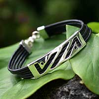 Leather bracelet, 'Illusions' - Leather and Sterling Silver Wristband Bracelet